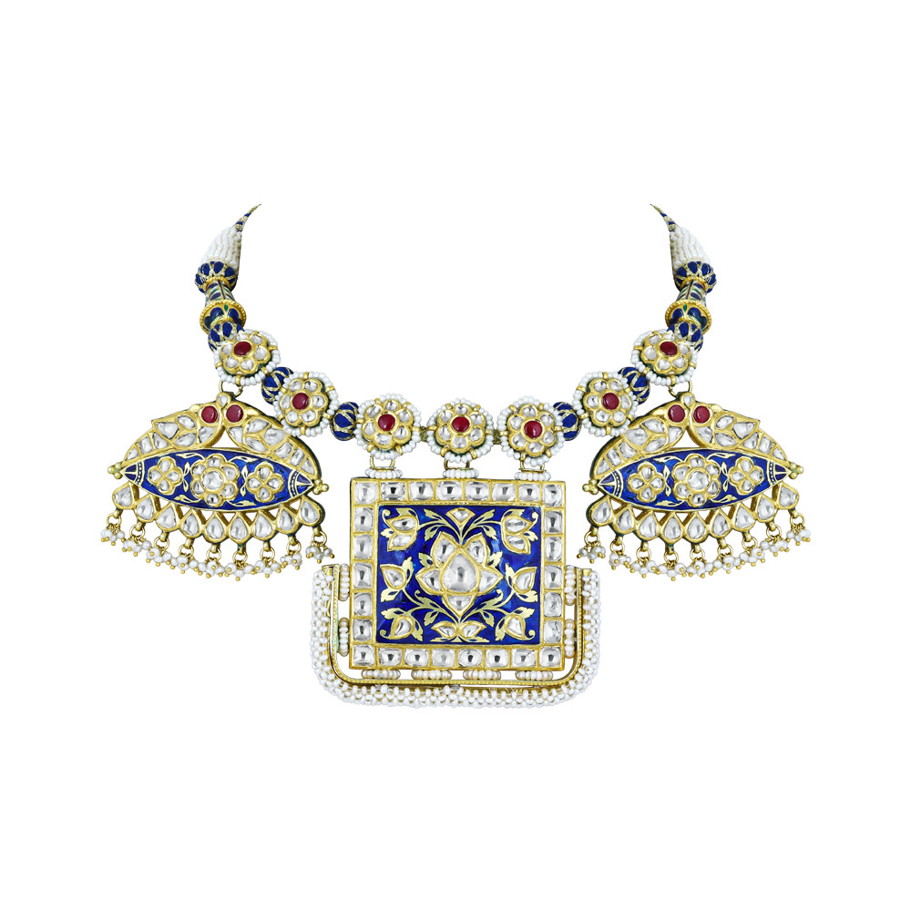 Blue Enamel Pankhi Polki Pendant Necklace